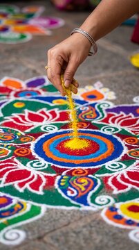 Person drawing colorful rangoli pattern on the floor with colored powder during Bhai Dooj festival celebration