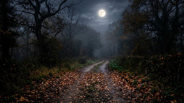 Dark moody forest path in autumn with full moon and mist background.