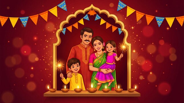 Indian festival of lights Happy Diwali with happy family, holiday Background, Diwali celebration greeting card, vector illustration design.