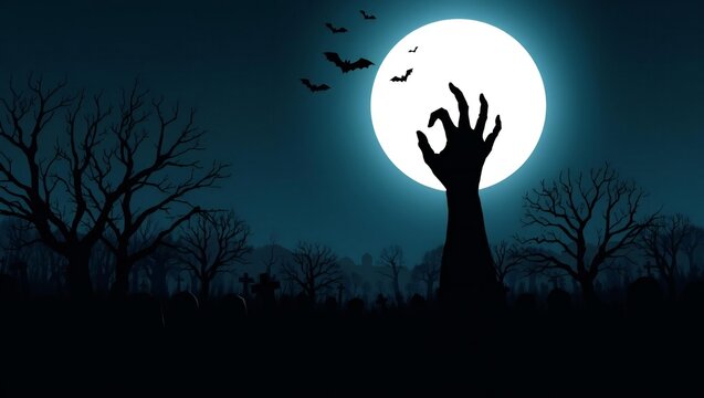 Scary zombie hand rising from the ground in front of a big full moon at night in a dark forest with flying bats