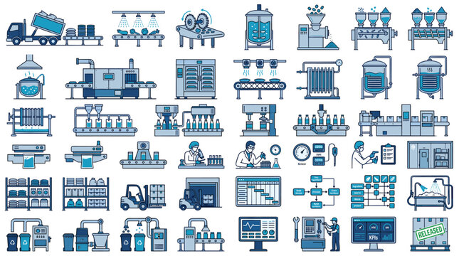 Comprehensive set of industrial manufacturing vector icons illustrating automated assembly lines, quality control, logistics, factory machinery, and process management