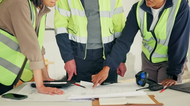 Hands, blueprint and discussion with engineer team for building design, problem solving or review. Document, floor plan and people talk for architecture, construction schematic or site development