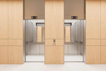 Modern wood-paneled elevator lobby with twin open lifts, reflective metal interiors, symmetrical architectural design, and warm neutral finishes. 3D Rendering © ImageFlow