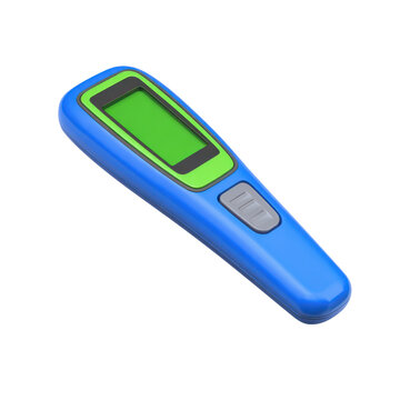 Digital infrared thermometer gun in blue plastic, handheld temperature scanner device for contactless measurement isolated PNG with Transparent Background