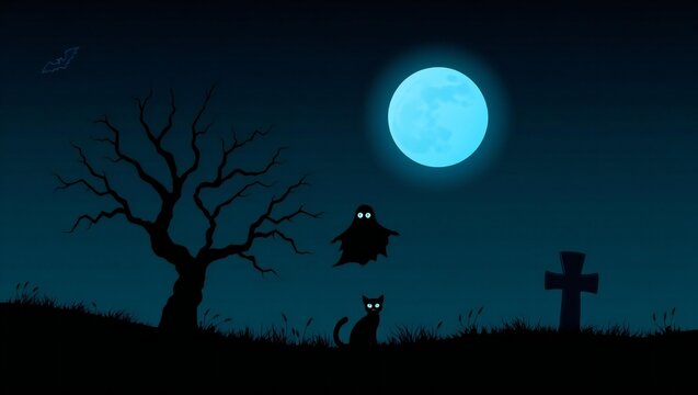 Spooky ghost and black cat sitting in a dark cemetery under a full moon at night