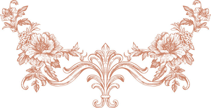 Toile de Jouy is a monochrome composition featuring individual botanical illustrations (peonies and roses) in a vintage Rococo style. This line-art illustration is perfect for wedding designs,branding