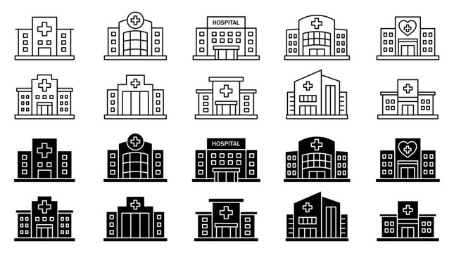 Hospital building vector icons for clinics, healthcare websites, apps, and signage.