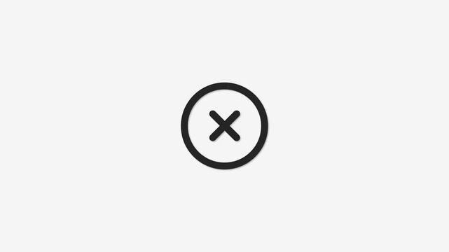 Simple cross icon in circle on clean grey background, close button animation, graphic element for user interface, animation loop footage.