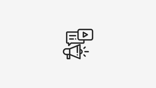 Megaphone with speech bubble and play button icon symbolizing promotion advertising and social media marketing communication.