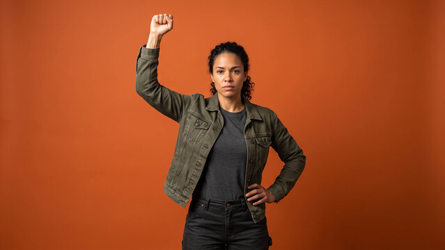 Empowered young woman raising her fist in protest and solidarity against an orange studio background