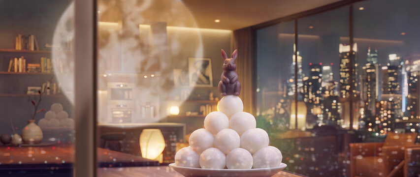 Autumn Moon Viewing Still Life with Mochi Dango and Red Bean Rabbit Figurine, Panoramic City View Through Window
