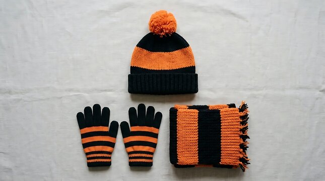 Orange and black striped knit hat scarf and gloves set for winter cold.