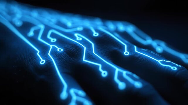 Glowing blue circuit pattern on a hand, symbolizing digital security, AI, and futuristic technology.