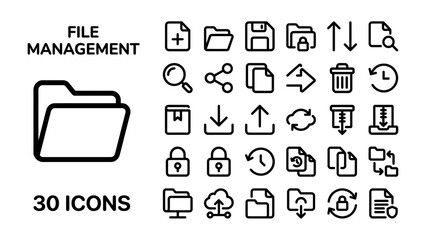 Obraz premium File Management Icons Set: A comprehensive collection of 30 vector icons representing various aspects of file management, organization, and digital workflow. Icons include folders, upload, download.