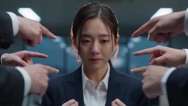 Fingers Pointing at Crying Businesswoman, Toxic Workplace Concept