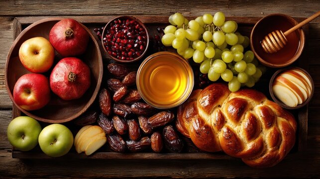 Rosh Hashanah food with apples, honey, pomegranate and challah