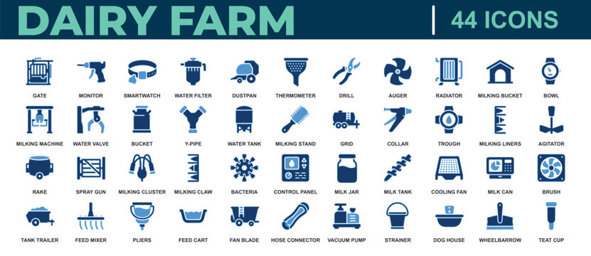 Forty four blue illustrating dairy farm equipment and milk production technology set