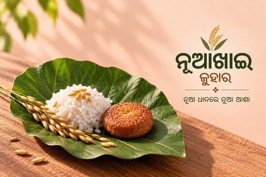 Nuakhai Juhar greeting featuring new rice, traditional pitha and golden paddy served on a green leaf, celebrating Odisha&rsquo;s harvest festival and cultural heritage.