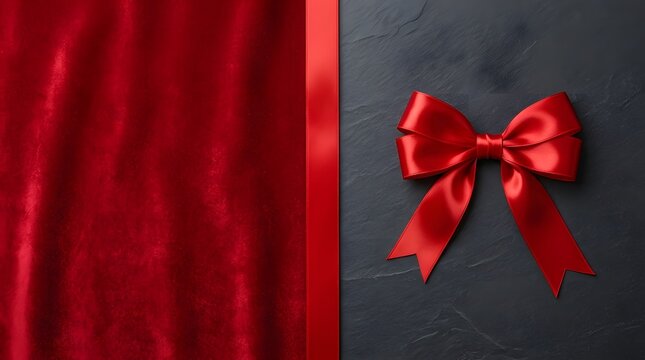 A dramatic close up view of a vibrant red curtain and a luxurious red bow evoking a sense of anticipation and celebration