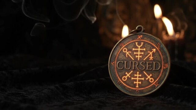 Ancient Cursed Amulet Talisman with Glowing Runes on Dark Altar with Candles for Halloween