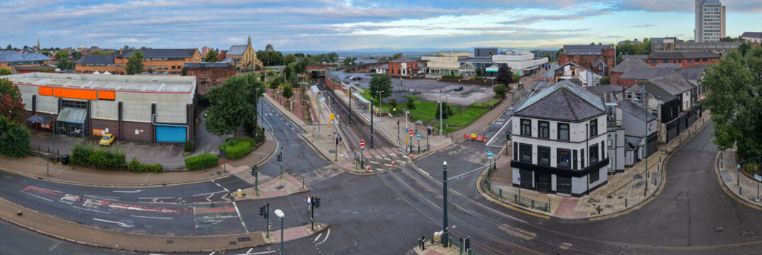 Panorama of King Street Tram Stop and Surrounding Townscape in Oldham at Morning