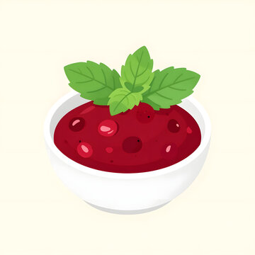 Fresh Cranberry Sauce in White Bowl Garnished with Mint Leaves, Thanksgiving Side Dish Vector Illustration