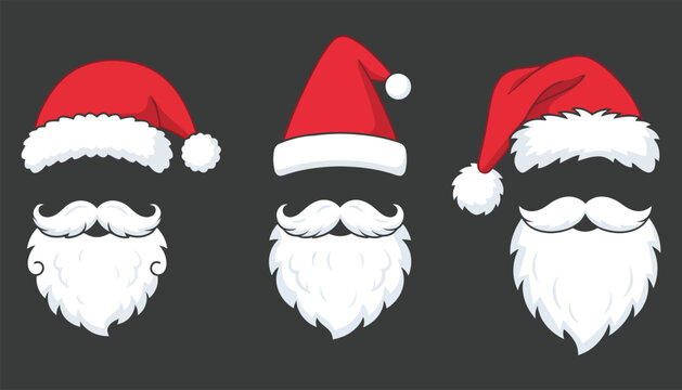 Set of santa claus hats and white beards dark background for christmas design