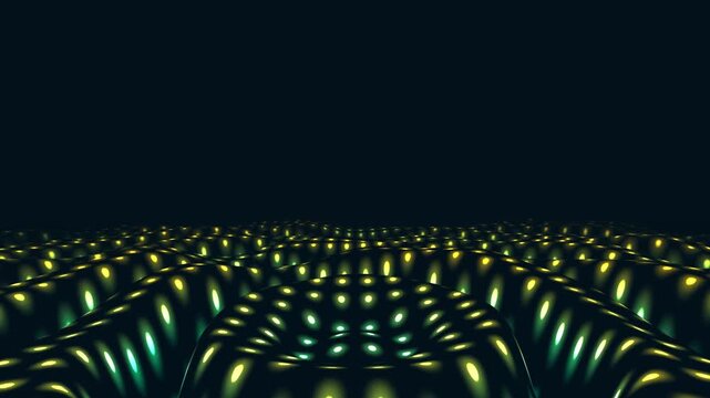 Abstract 3D wavy metallic background with glowing green and gold lights for technology and design