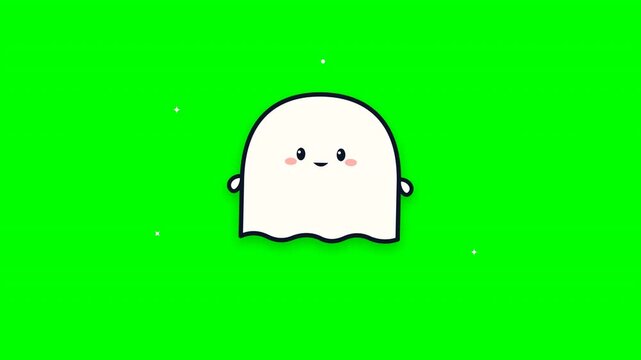 cute spooky ghost cartoon character floating against a bright green screen background for halloween animation