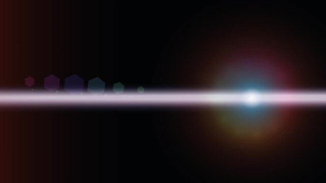 Lens Flare leak burst. Bright horizontal lens flare with colorful hexagonal light artifacts