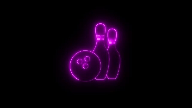 Glowing neon Bowling pin and ball icon isolated on black background. Juggling clubs, circus skittles Sport equipment. 4K Video motion graphic animation ...