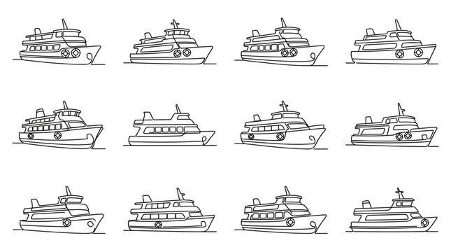 Continuous line art collection of luxury cruise ships and motor yachts icons