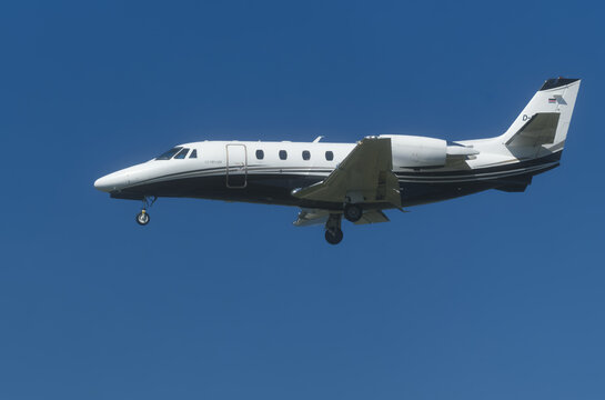 Geneva, Switzerland - August 31, 2025 : sign and logo on a Cessna Citation XLS+ of Luminair landing at Geneva airport