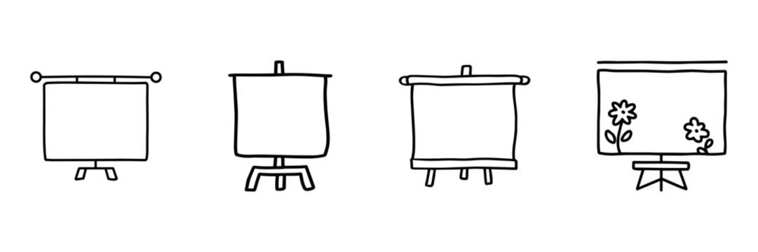 Presentation Screen And Flip Chart Hand Drawn Doodle Icon Set. Teaching, Meeting, Training And Office Communication Sketch Symbol Collection. Business And Education. Isolated Vector Illustration