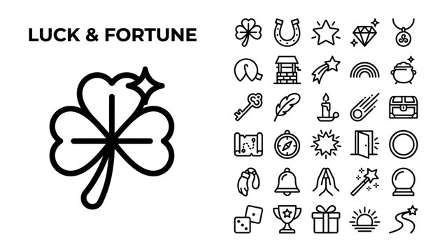 Luck and Fortune Icons: A collection of line art icons representing luck and fortune, featuring symbols such as a four-leaf clover, horseshoe, diamond, star, and rainbow.