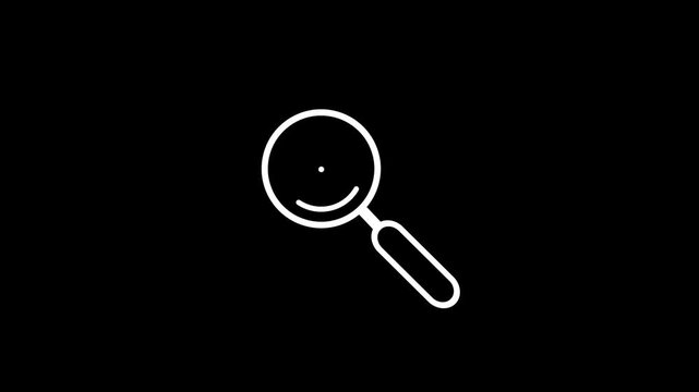 White linear magnifying glass search icon isolated on black background 4k motion animation.