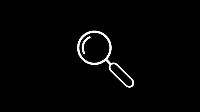 White linear magnifying glass search icon isolated on black background 4k motion animation.