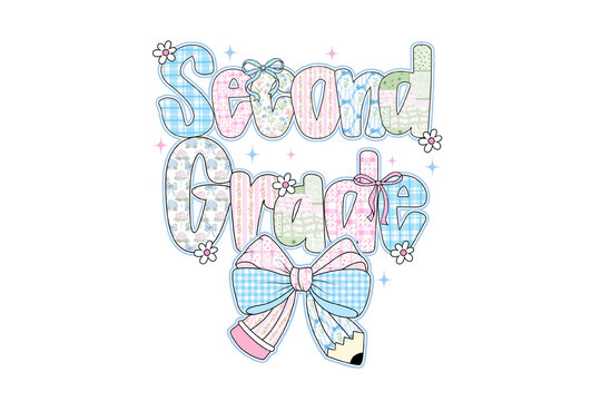 Second Grade Text With Floral Patterns And Bows Featuring A Pencil Graphic For Classroom Back To School Decor Sublimation Design