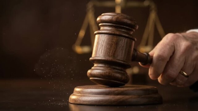 Judge striking wooden gavel on sounding block in courtroom with scales of justice in background