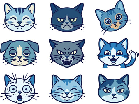 Collection of Cute Cat and Dog Emoticon Faces Expressing Various Emotions