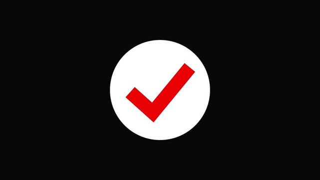 Check mark on transparent background with alpha channel. Red checkmark animation on black background
