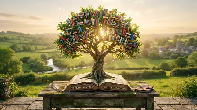 Magical tree of books growing from an open book in a sunny garden