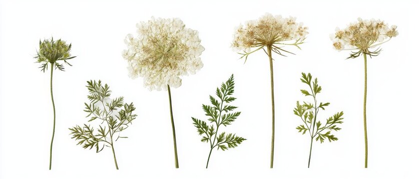 Set of pressed Queen Anne's lace (Daucus carota) flowers and leaves, intricate patterns, isolated on pure white background