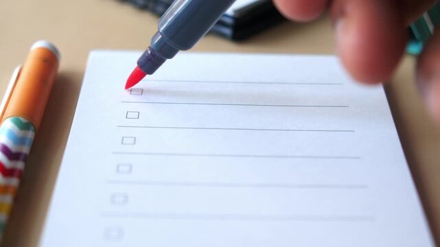 Red marker checking boxes on white paper with lines representing a to-do list or survey, dynamic footage of completing tasks