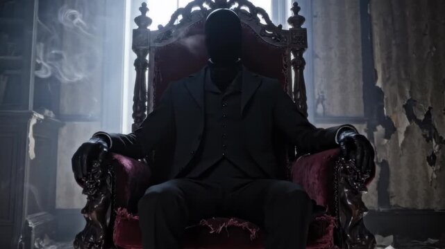 Man with blank face in a suit on a throne in a derelict room, conveying mystery and unease.