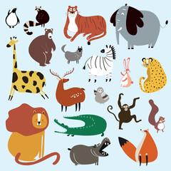 Fototapeta premium Collection of cute wild animals in cartoon style vector