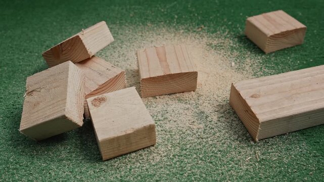 Wooden blocks falling on surface among sawdust close up showing result of cutting and material movement after processing
