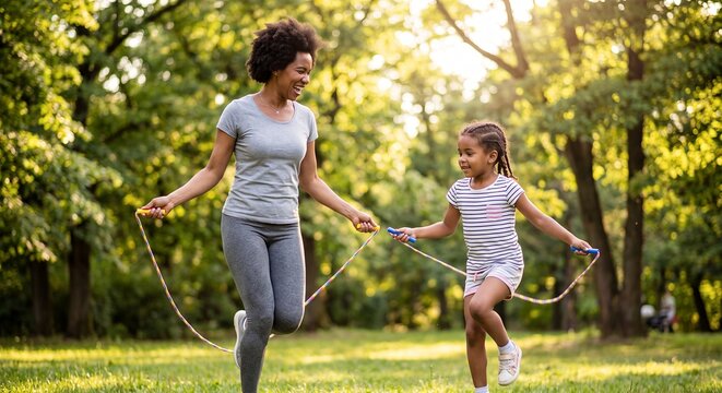 Mother daughter skipping rope park exercise jumping outdoor fitness playing ideal for sports brand advertising active family promotions fitness websites and youth coaching campaigns