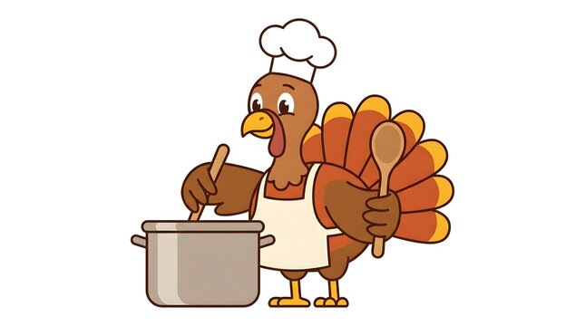 A charming cartoon turkey chef diligently preparing a delicious thanksgiving feast stirring a pot with glee and anticipation