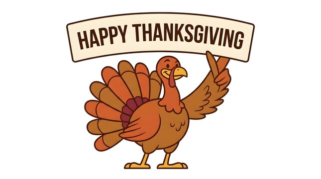 A festive and joyful thanksgiving turkey illustration with a banner saying 'happy thanksgiving' for celebrations